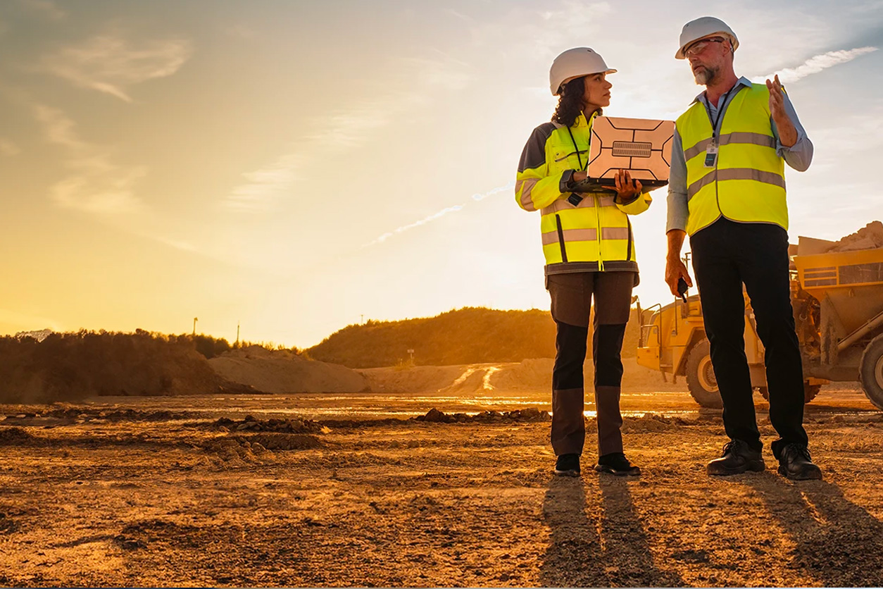 Two people in construction dress looking at laptop in front of an open cleared landscape