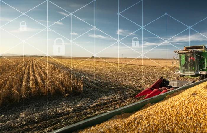 combine in an corn field with cyber icons overlaid