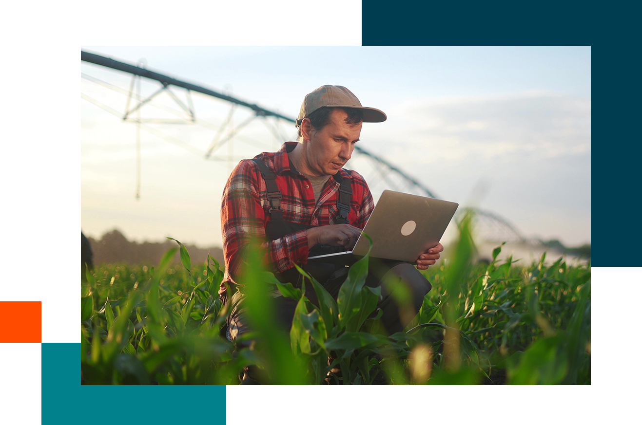 farmer working on a laptop in a field