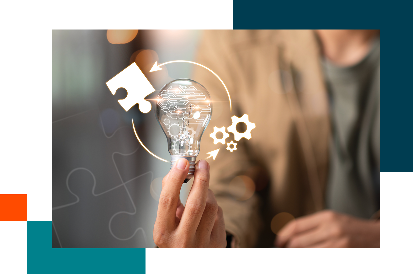 technology lightbulb circled by a puzzle piece and gears