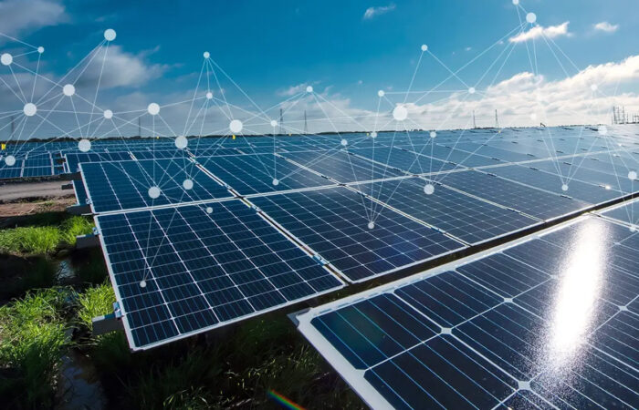 solar panels clean energy with digital overlay