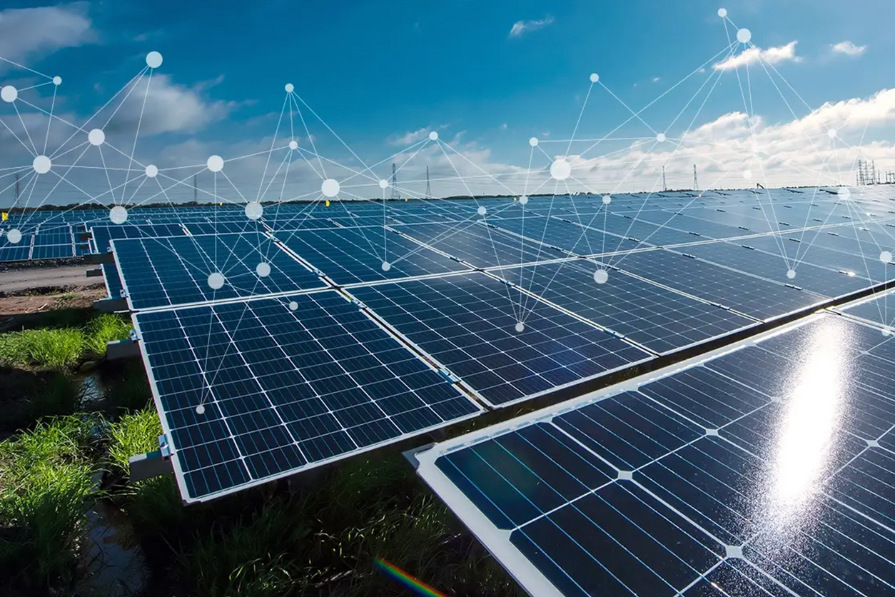 solar panels clean energy with digital overlay