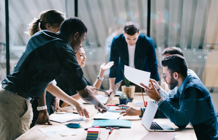team collaborating in a boardroom
