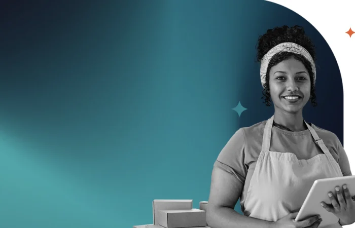 Person wearing an apron and headband holds a tablet while standing beside stacked boxes, set against a teal and dark blue abstract background with small decorative sparkles.