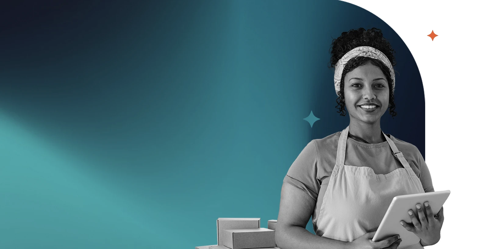 Person wearing an apron and headband holds a tablet while standing beside stacked boxes, set against a teal and dark blue abstract background with small decorative sparkles.