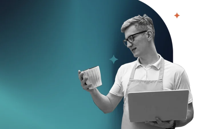 Man holding a laptop and inspecting a ceramic mug against a teal gradient background with abstract shapes.