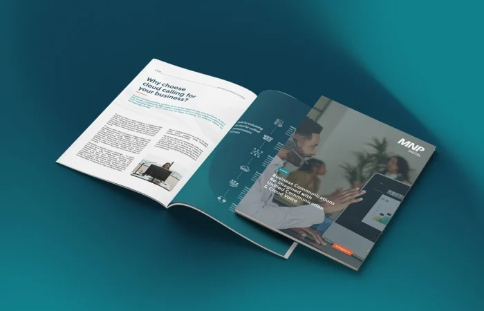 The left page features the heading “Why choose cloud calling for your business?” with text and a small office image, while the right side shows the e-book cover titled “Business Communications Re-imagined with Unified Communication & Cloud Voice” over a teal infographic-style interior page. The publication is displayed on a light gray background.