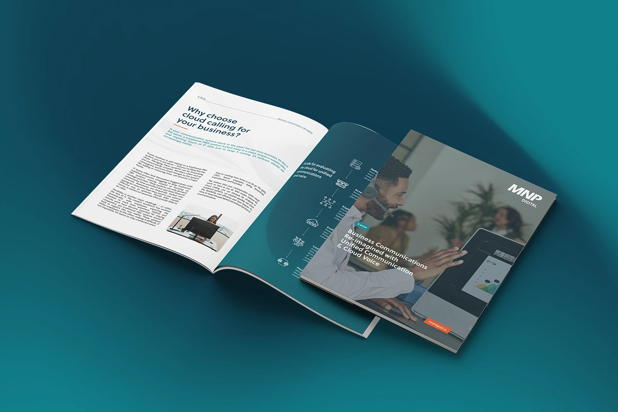 The left page features the heading “Why choose cloud calling for your business?” with text and a small office image, while the right side shows the e-book cover titled “Business Communications Re-imagined with Unified Communication & Cloud Voice” over a teal infographic-style interior page. The publication is displayed on a light gray background.