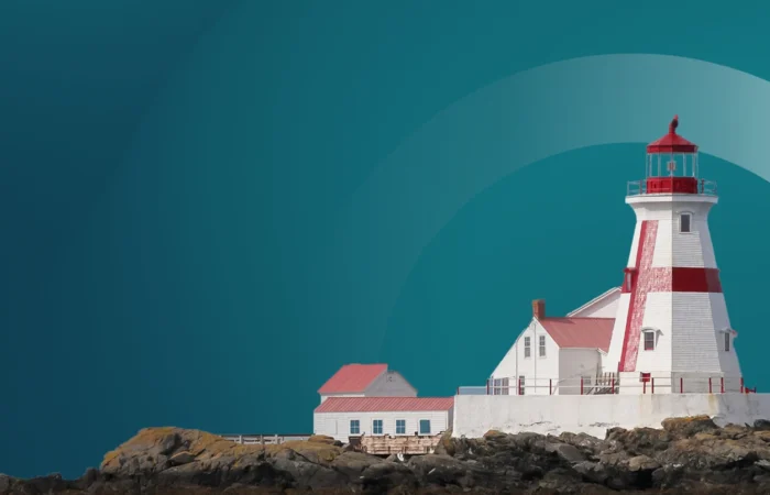 Red-and-white lighthouse and surrounding buildings on a rocky shoreline against a teal graphic background.