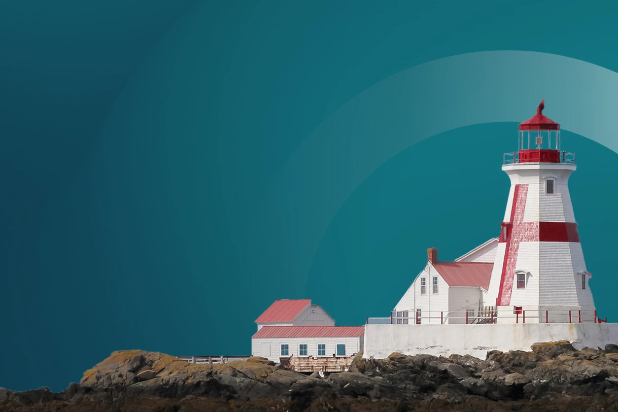 Red-and-white lighthouse and surrounding buildings on a rocky shoreline against a teal graphic background.